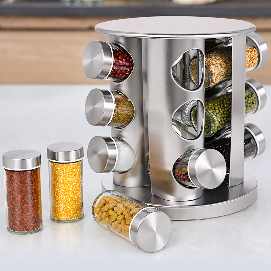 Porta Temperos Inox Giratório – 12 Potes de Vidro