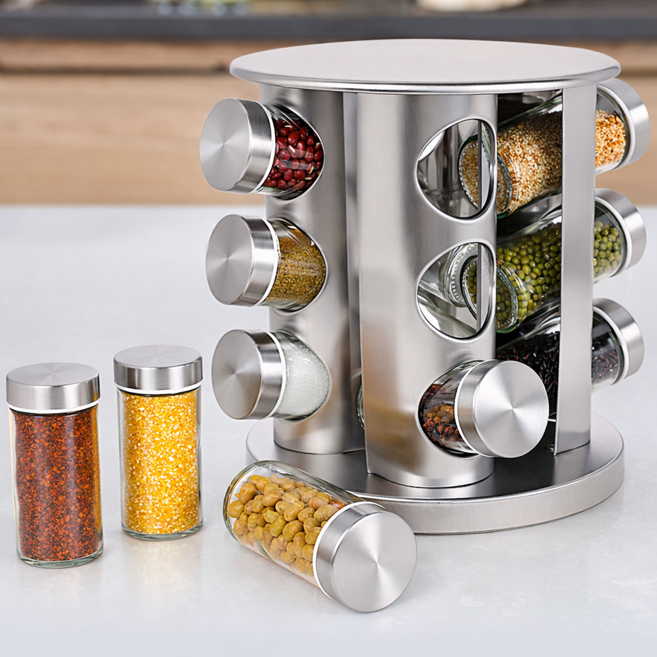 Porta Temperos Inox Giratório – 12 Potes de Vidro