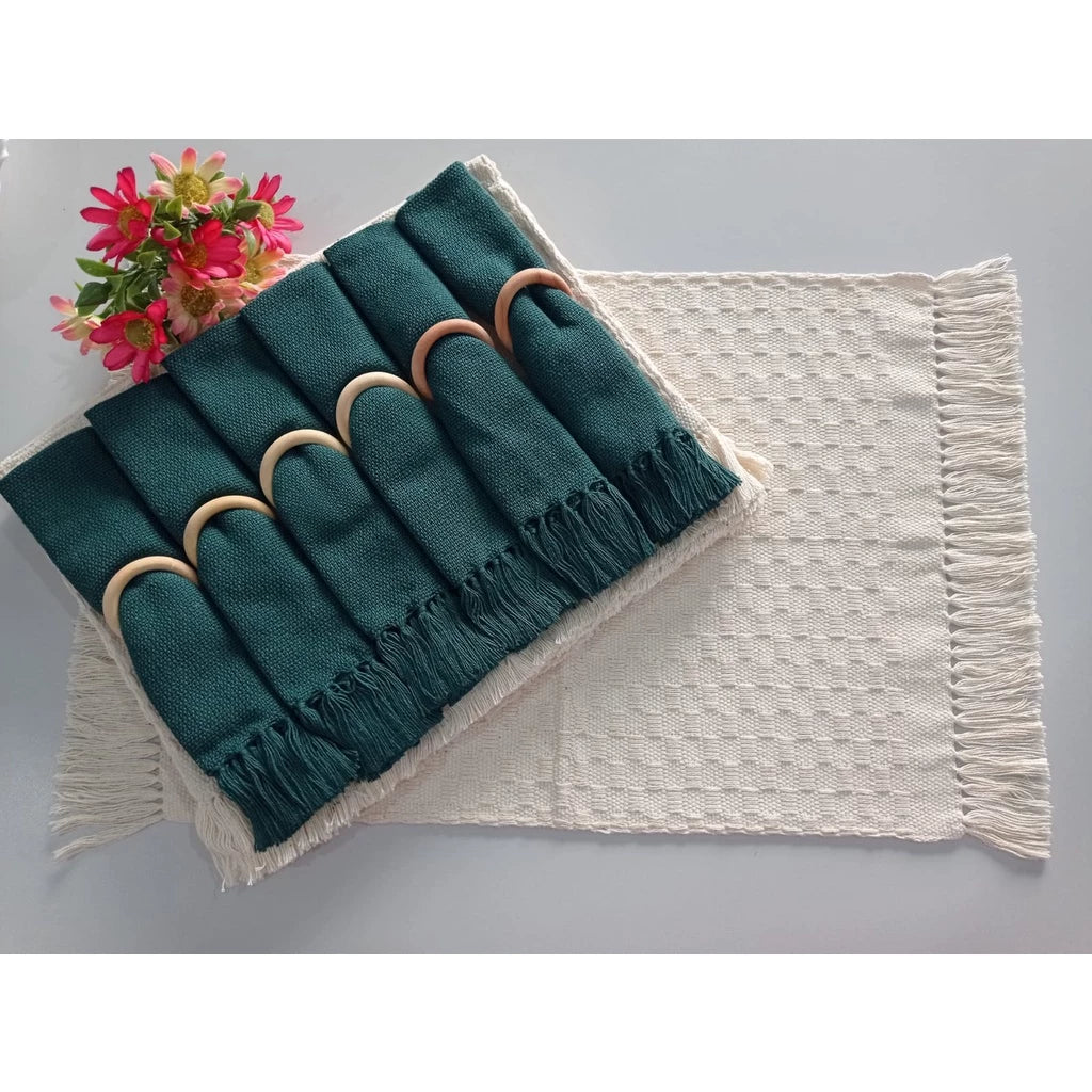 Kit Jogo americano 6 lugares com franja, algodão. Decoração Natal mesa posta.Tear mineiro Boho Chic.