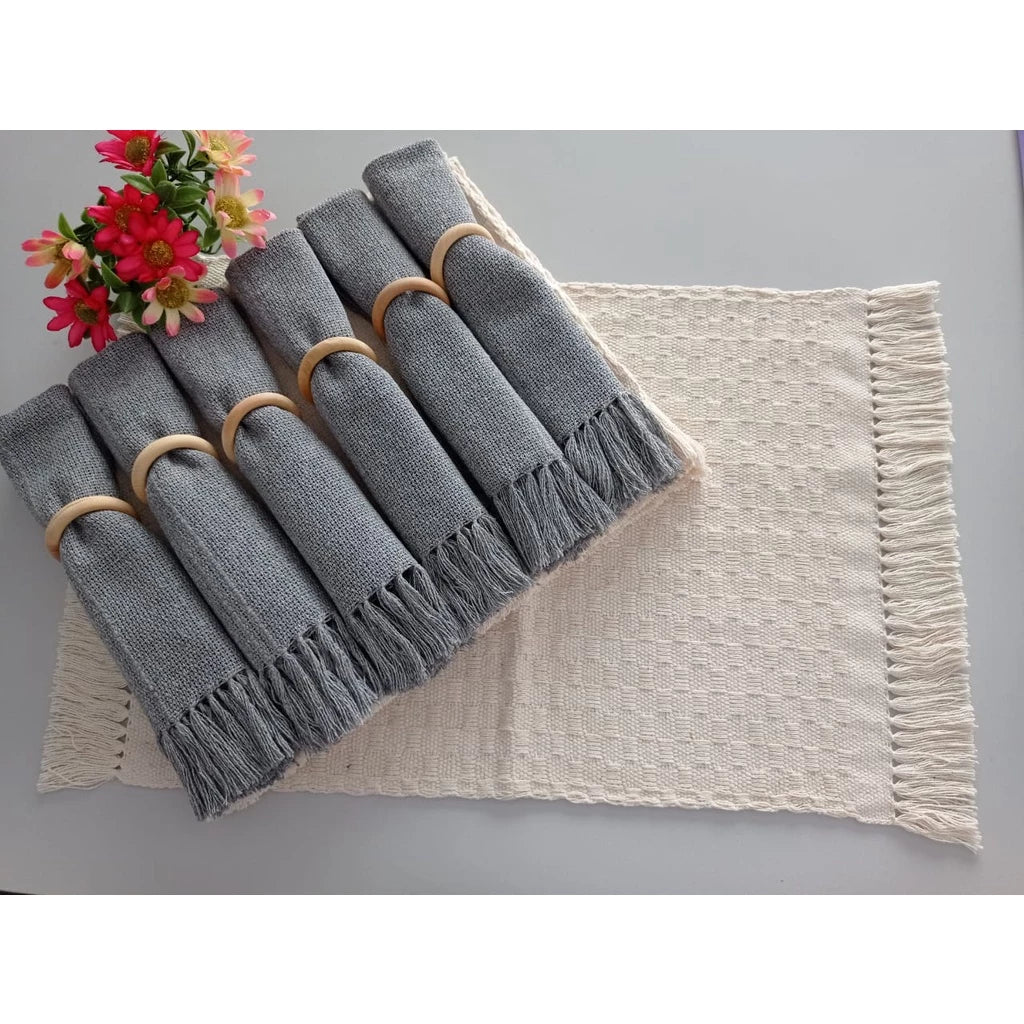 Kit Jogo americano 6 lugares com franja, algodão. Decoração Natal mesa posta.Tear mineiro Boho Chic.