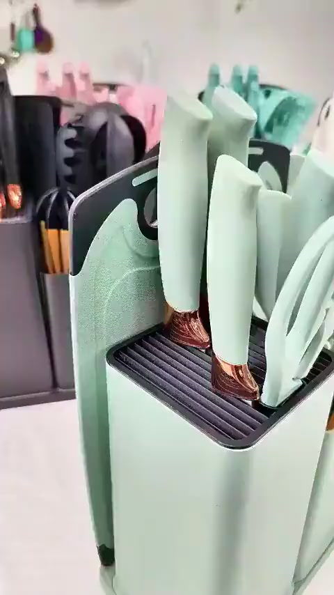 Kit Completo Jogo Utensílios de Cozinha Luxo 19 Peças Com Tábua em Silicone Espátula Faca Tesoura