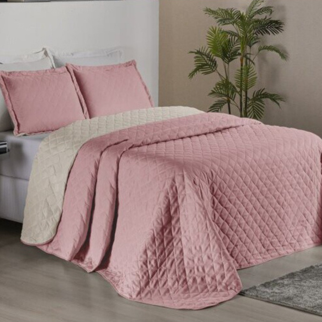 3 Peças Kit Colcha Cobre Leito Casal Dupla Face Com Viés 2 Fronhas 100% Poliéster