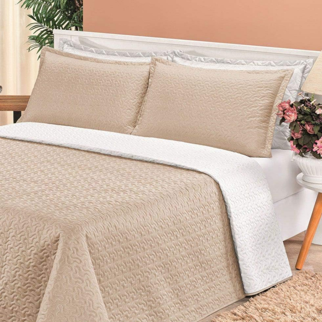 3 Peças Kit Colcha Cobre Leito Casal Dupla Face Com Viés 2 Fronhas 100% Poliéster