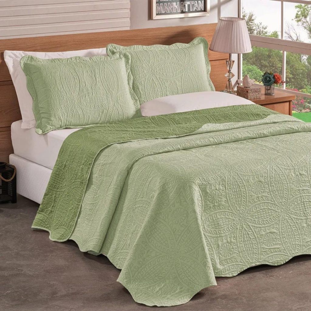 3 Peças Kit Colcha Cobre Leito Casal Dupla Face Com Viés 2 Fronhas 100% Poliéster