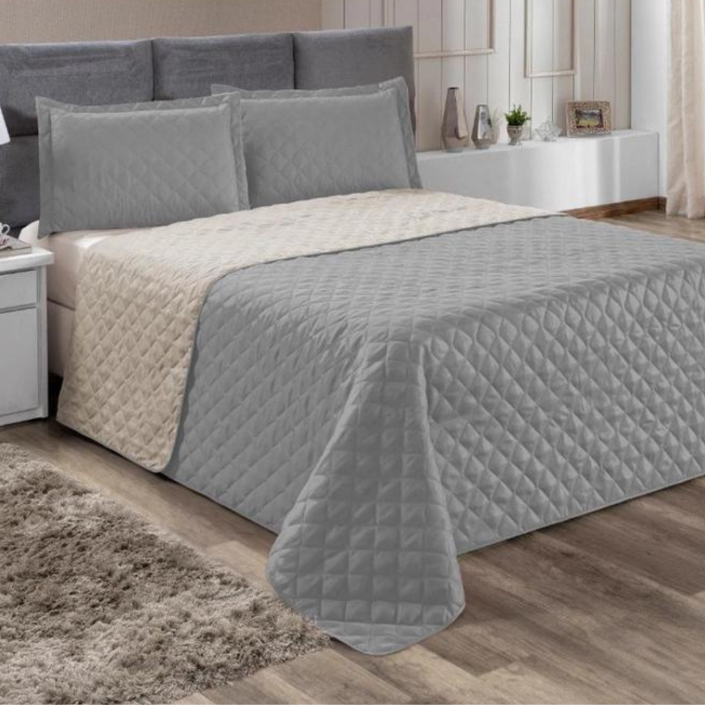 3 Peças Kit Colcha Cobre Leito Casal Dupla Face Com Viés 2 Fronhas 100% Poliéster