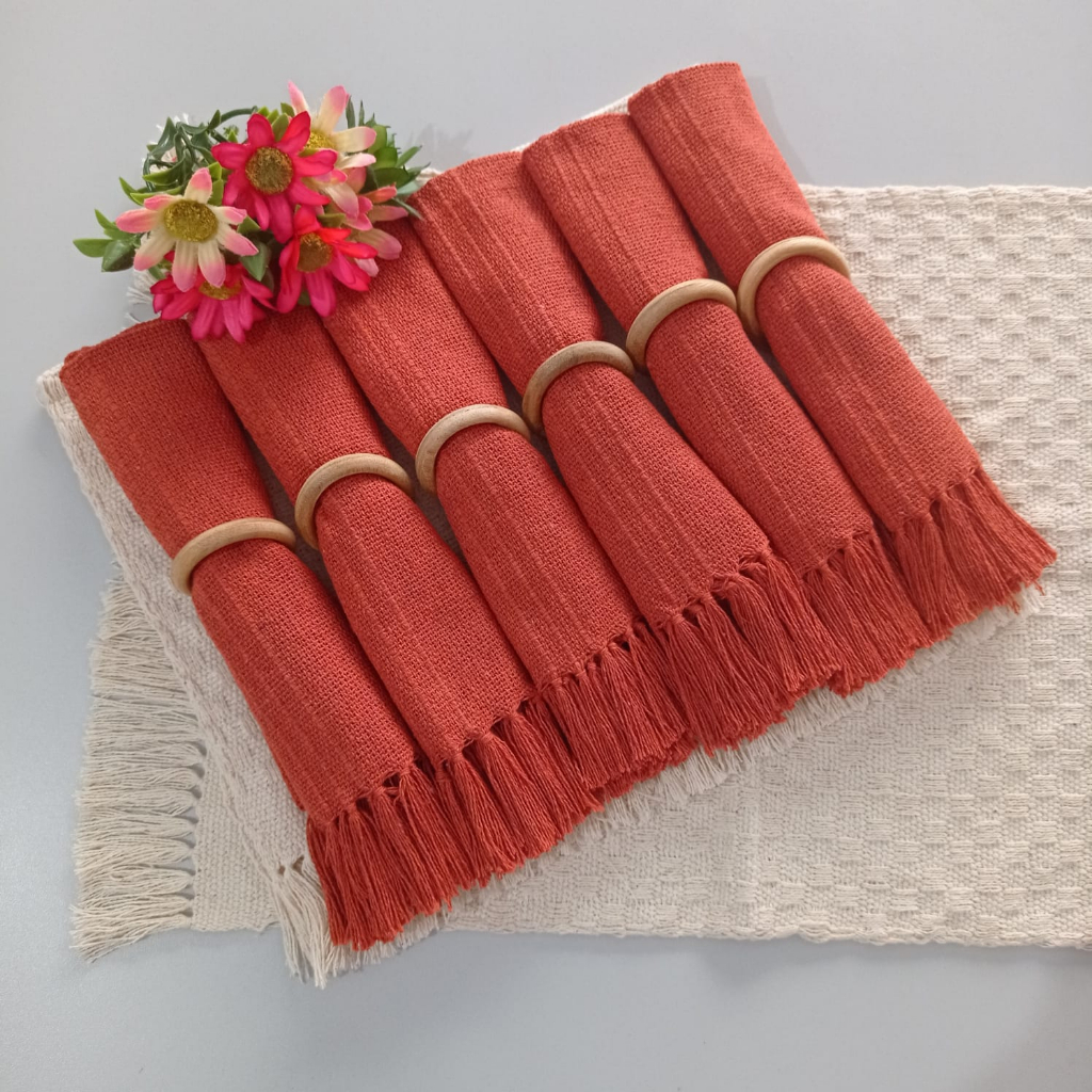 Kit Jogo americano 6 lugares com franja, algodão. Decoração Natal mesa posta.Tear mineiro Boho Chic.