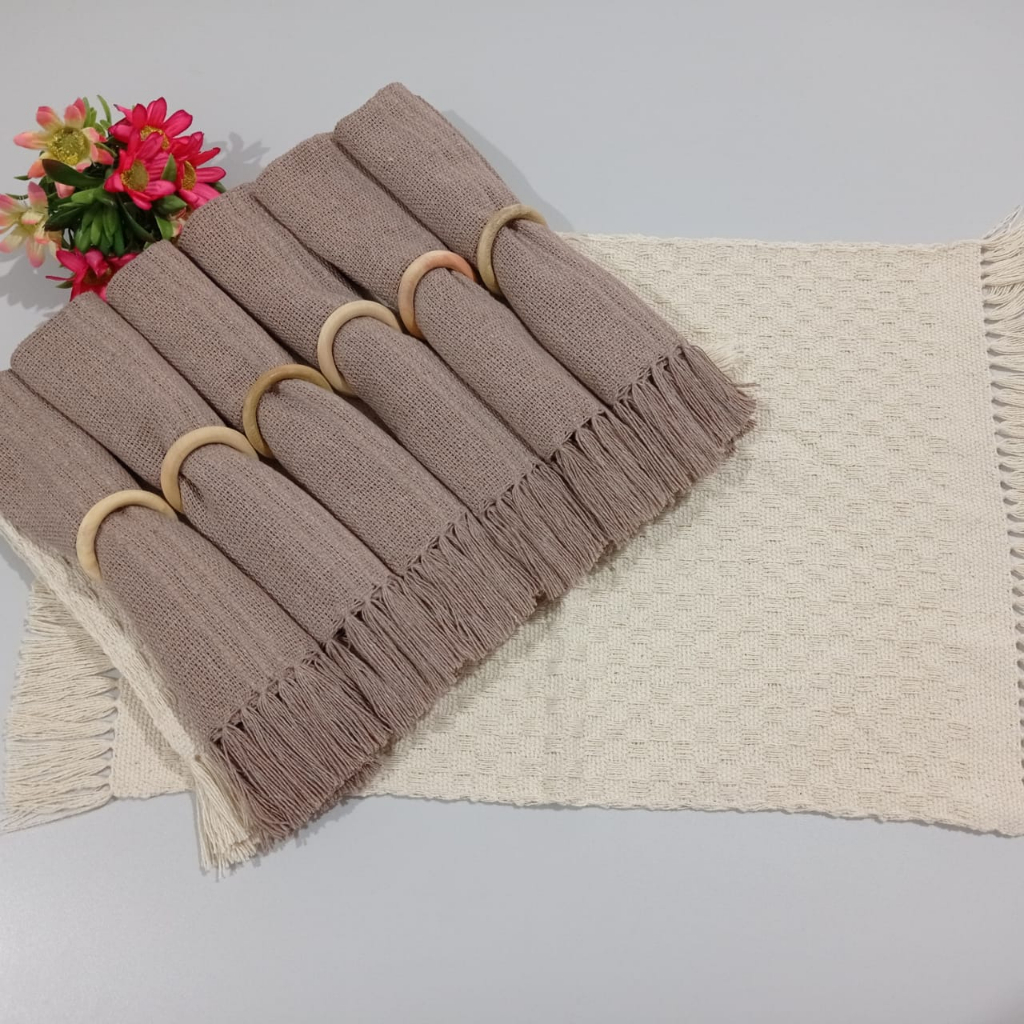 Kit Jogo americano 6 lugares com franja, algodão. Decoração Natal mesa posta.Tear mineiro Boho Chic.