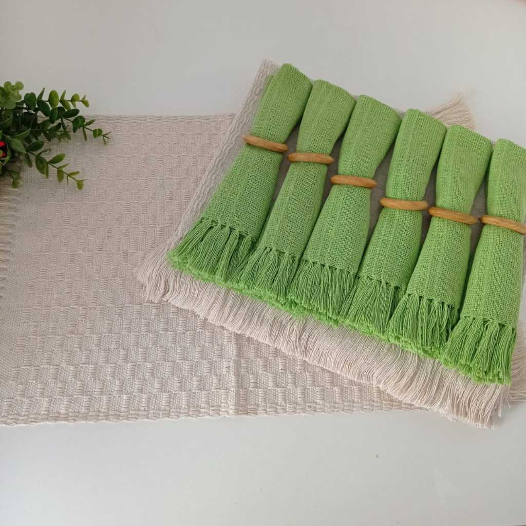 Kit Jogo americano 6 lugares com franja, algodão. Decoração Natal mesa posta.Tear mineiro Boho Chic.