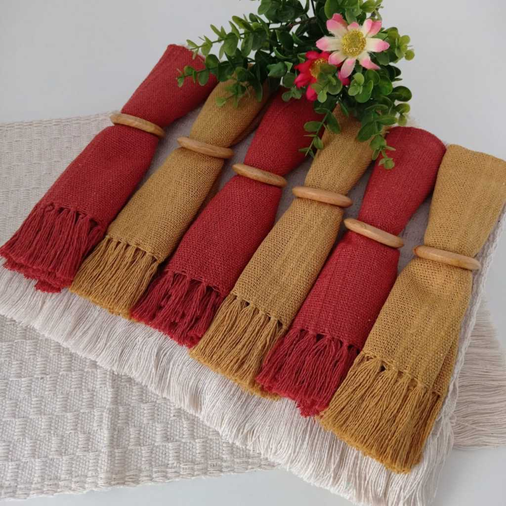 Kit Jogo americano 6 lugares com franja, algodão. Decoração Natal mesa posta.Tear mineiro Boho Chic.