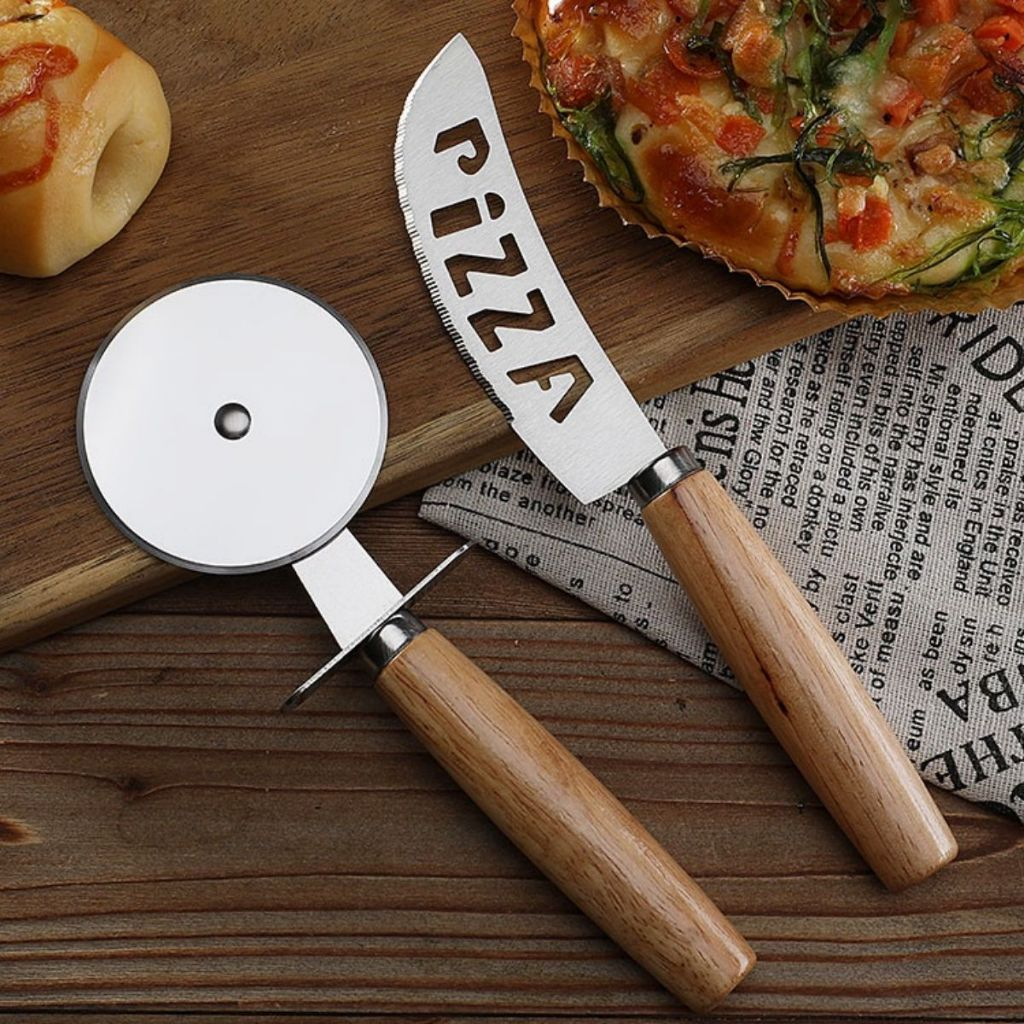 Kit Cortador De Pizza BOLO Em Inox Cabo Madeira