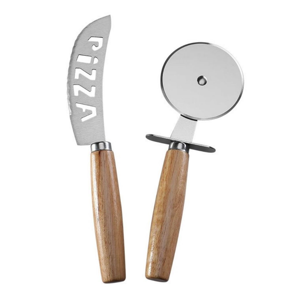Kit Cortador De Pizza BOLO Em Inox Cabo Madeira