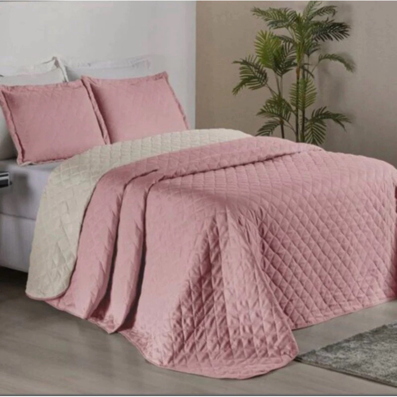 3 Peças Kit Colcha Cobre Leito Casal Dupla Face Com Viés 2 Fronhas 100% Poliéster