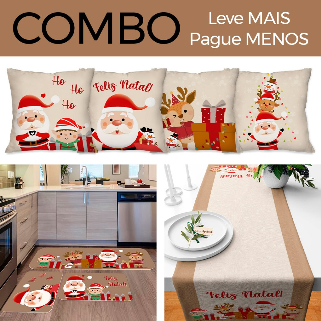 COMBO DE NATAL: KIT 04 CAPAS DE ALMOFADAS NOEL + KIT 3 TAPETES DE COZINHA + TRILHO DE MESA NATALINO