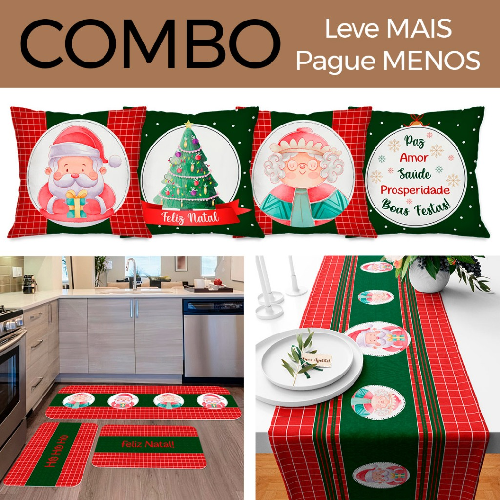 COMBO DE NATAL: KIT 04 CAPAS DE ALMOFADAS NOEL + KIT 3 TAPETES DE COZINHA + TRILHO DE MESA NATALINO