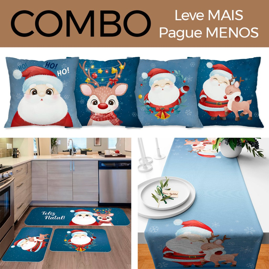 COMBO DE NATAL: KIT 04 CAPAS DE ALMOFADAS NOEL + KIT 3 TAPETES DE COZINHA + TRILHO DE MESA NATALINO
