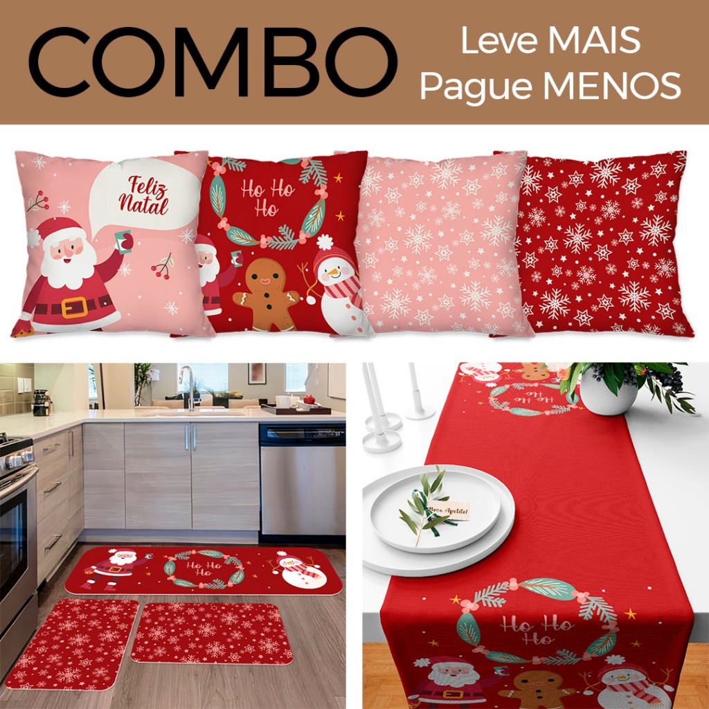 COMBO DE NATAL: KIT 04 CAPAS DE ALMOFADAS NOEL + KIT 3 TAPETES DE COZINHA + TRILHO DE MESA NATALINO