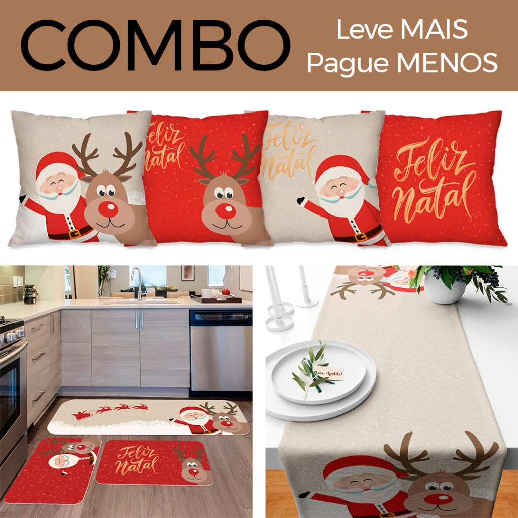 COMBO DE NATAL: KIT 04 CAPAS DE ALMOFADAS NOEL + KIT 3 TAPETES DE COZINHA + TRILHO DE MESA NATALINO
