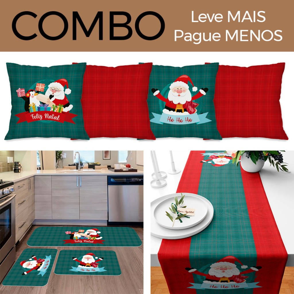 COMBO DE NATAL: KIT 04 CAPAS DE ALMOFADAS NOEL + KIT 3 TAPETES DE COZINHA + TRILHO DE MESA NATALINO