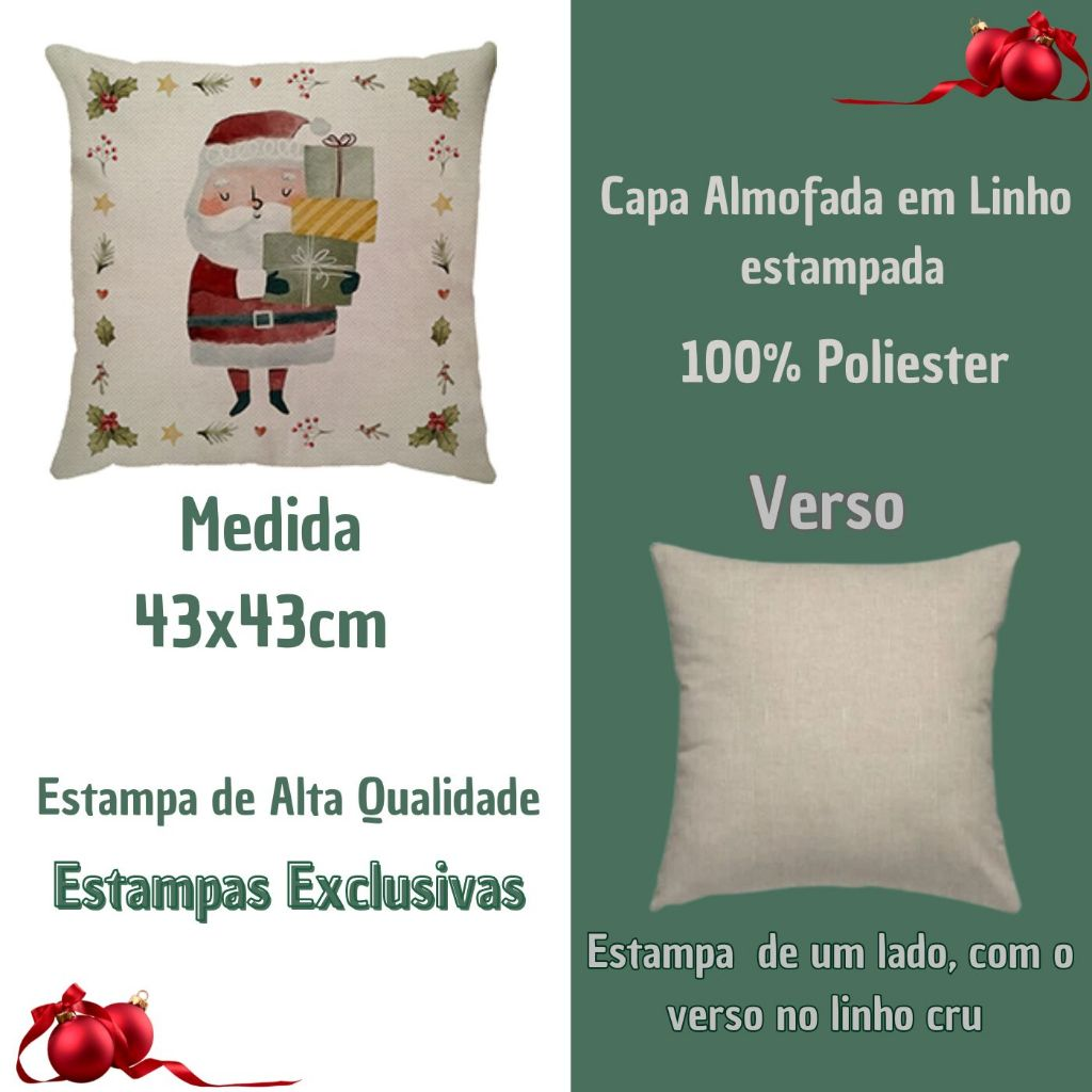 Capa de Almofada Natalina Decoração de Natal Festa Enfeite Papai Noel Renas Boneco de Neve Linho Estampado 43x43cm