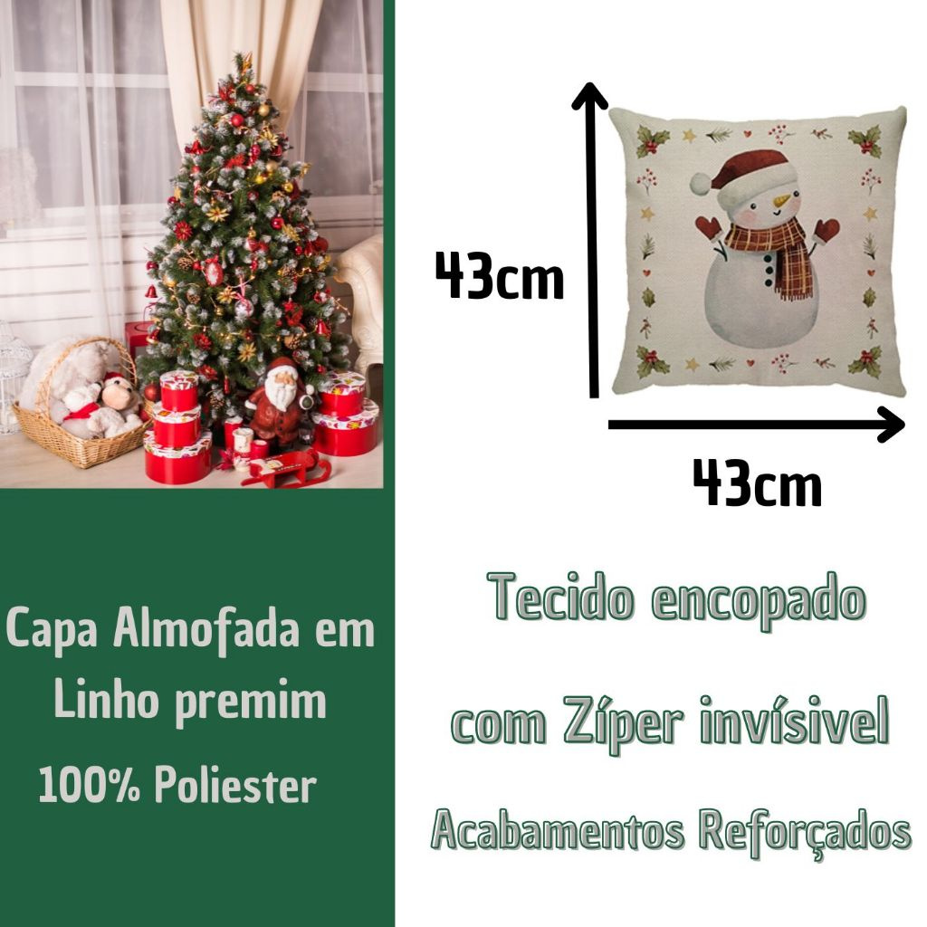 Capa de Almofada Natalina Decoração de Natal Festa Enfeite Papai Noel Renas Boneco de Neve Linho Estampado 43x43cm