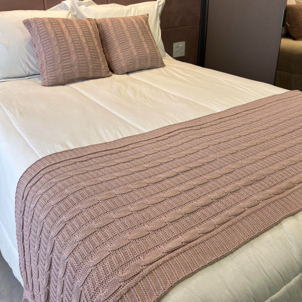 Kit Manta Peseira de Tricot + Capas de Almofada para Cama e Sofá Cama Casal Queen Decoração FIRENZE