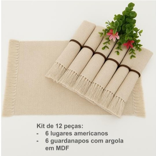 Kit Jogo americano 6 lugares com franja, algodão. Decoração Natal mesa posta.Tear mineiro Boho Chic.