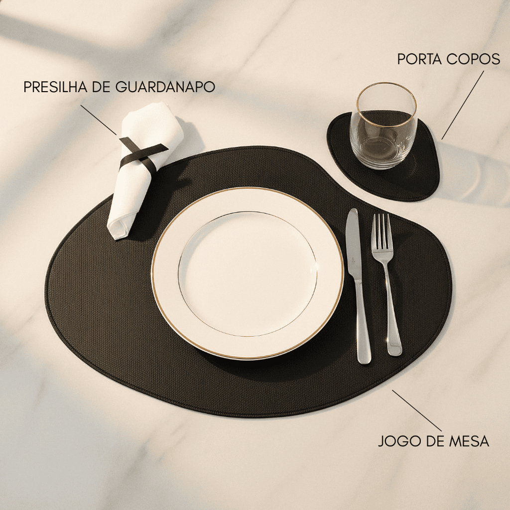 Kit Jogo Americano Sousplat de Couro com Porta Copos para Mesa Jantar Kit com 2 4 6 8 Peças Premium