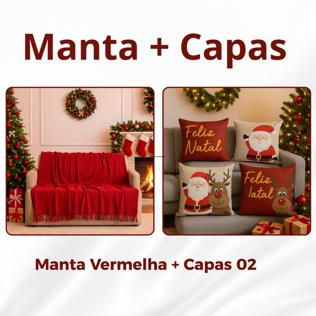 Kit Manta P + 04 Capas de De Almofada Digital Natalina Decoração Natal Sala
