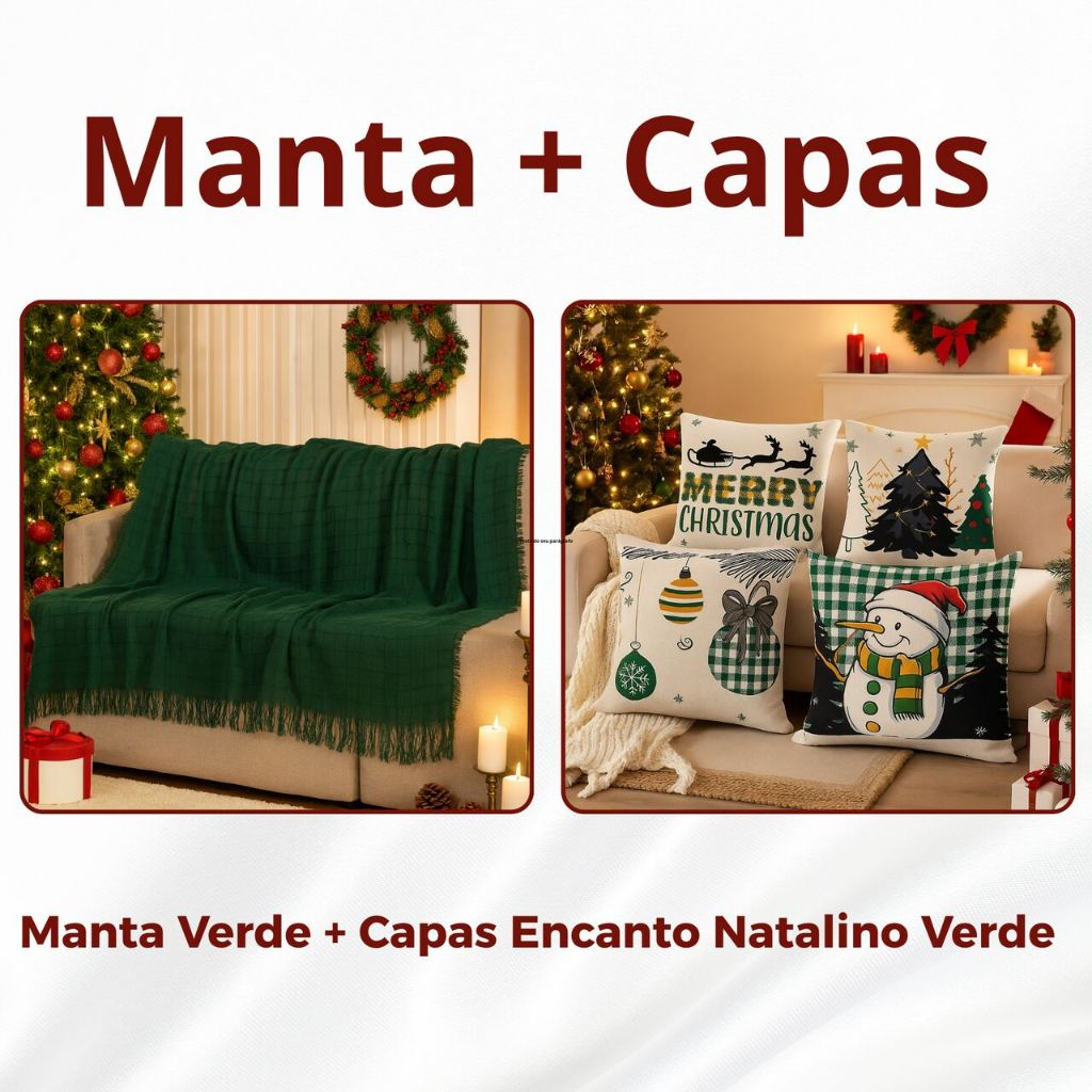 Kit Manta P + 04 Capas de De Almofada Digital Natalina Decoração Natal Sala