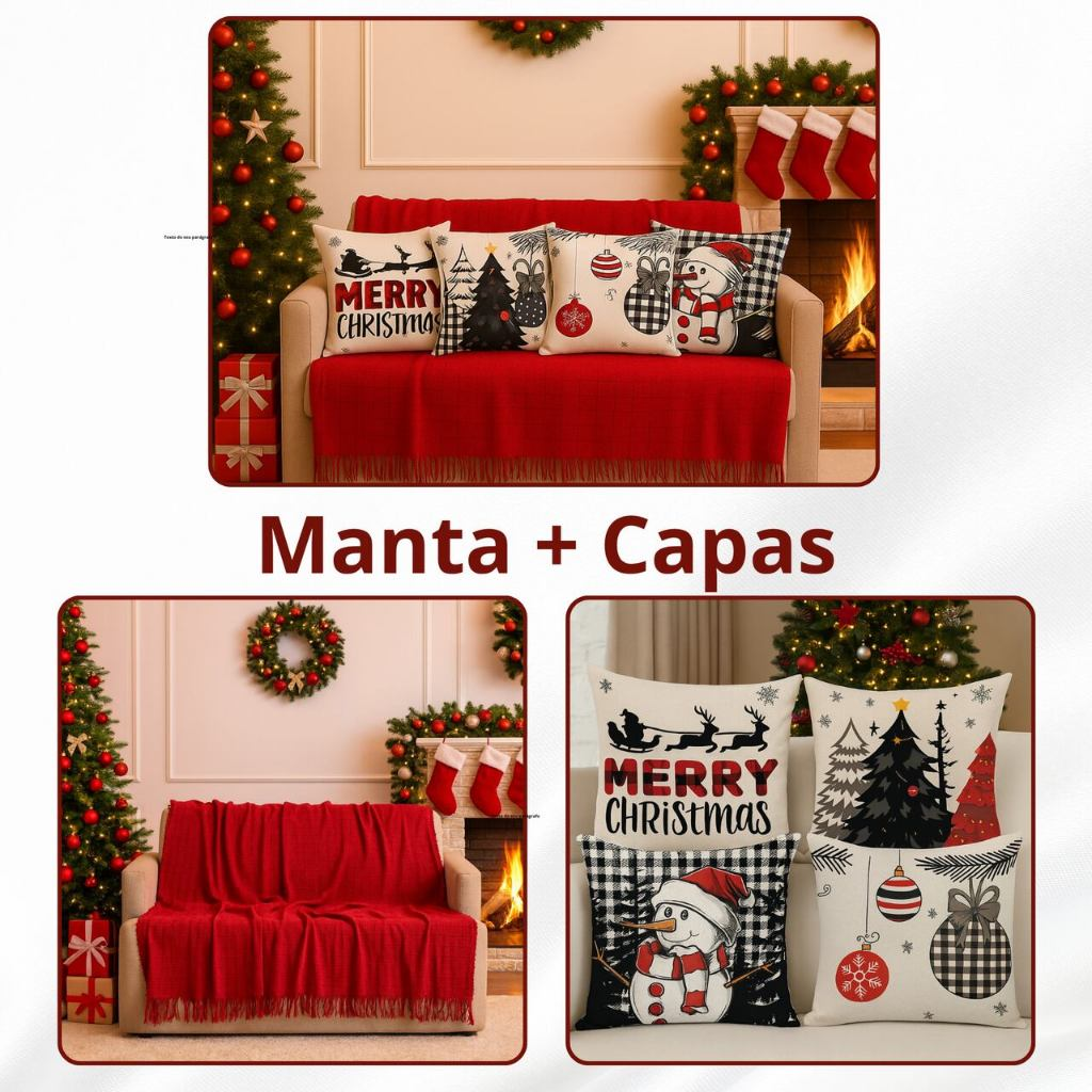 Kit Manta P + 04 Capas de De Almofada Digital Natalina Decoração Natal Sala