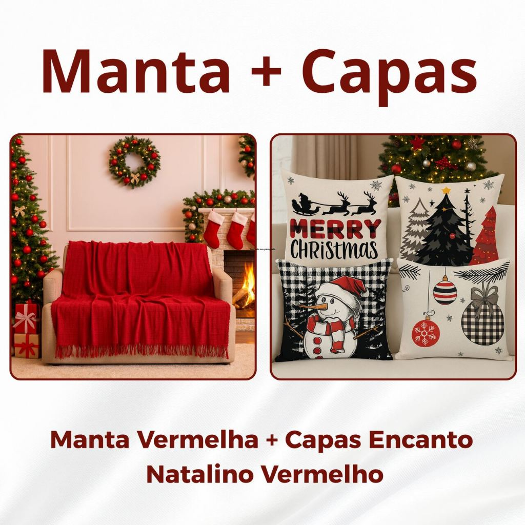 Kit Manta P + 04 Capas de De Almofada Digital Natalina Decoração Natal Sala