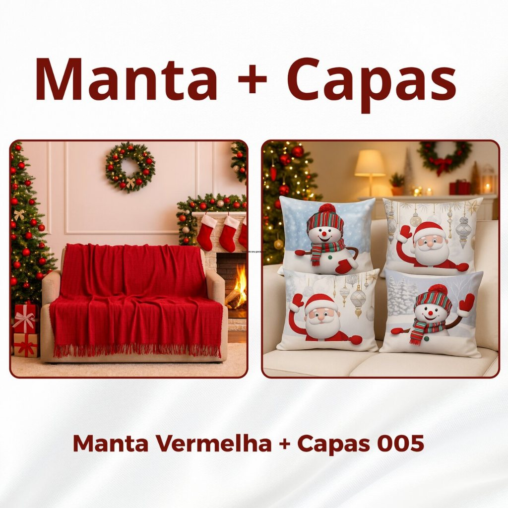 Kit Manta P + 04 Capas de De Almofada Digital Natalina Decoração Natal Sala