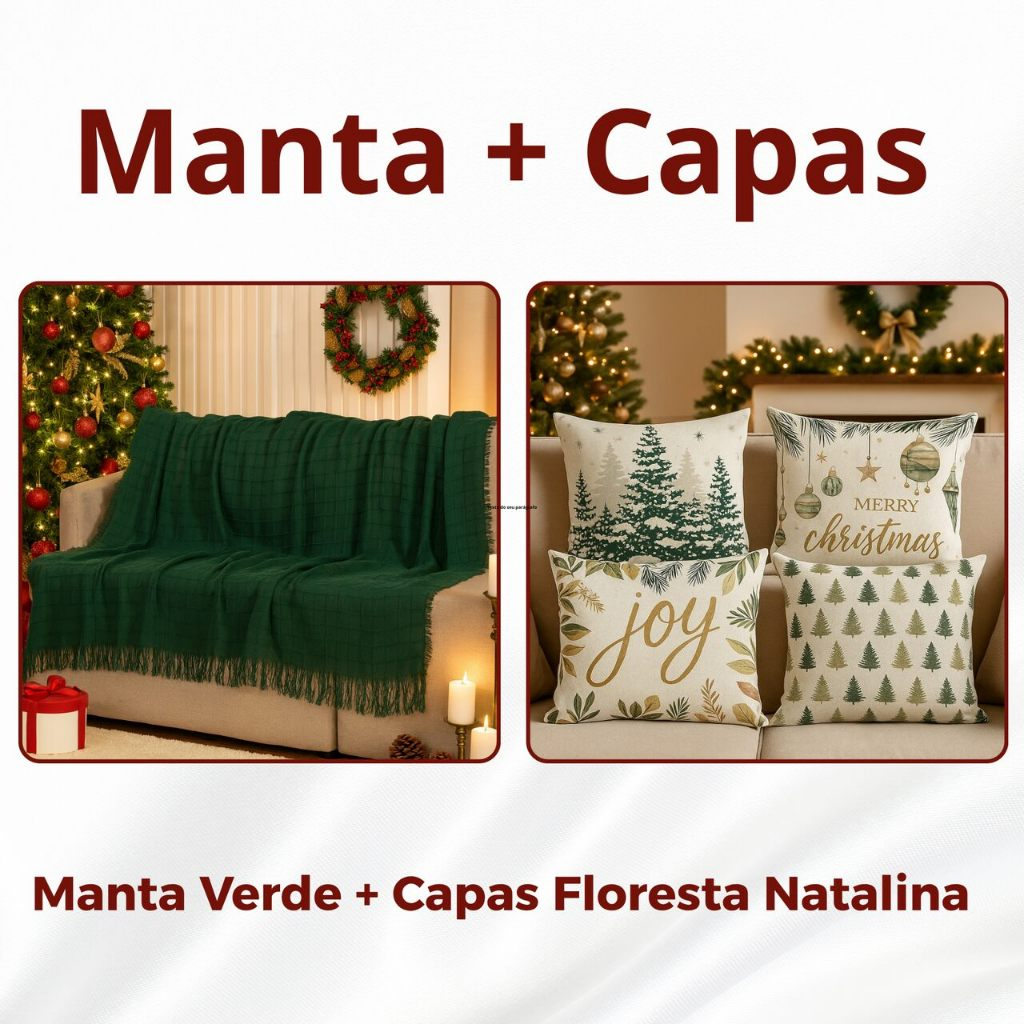 Kit Manta P + 04 Capas de De Almofada Digital Natalina Decoração Natal Sala