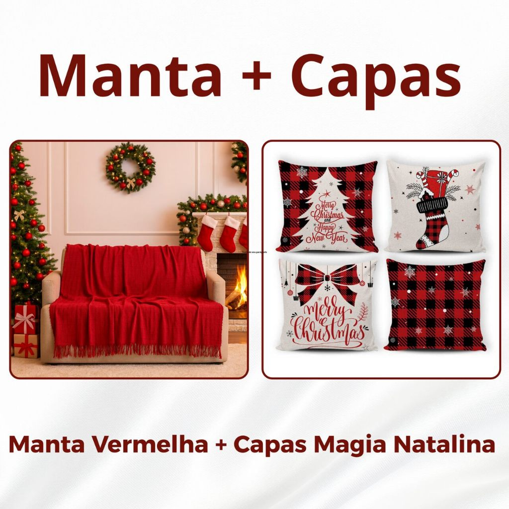 Kit Manta P + 04 Capas de De Almofada Digital Natalina Decoração Natal Sala