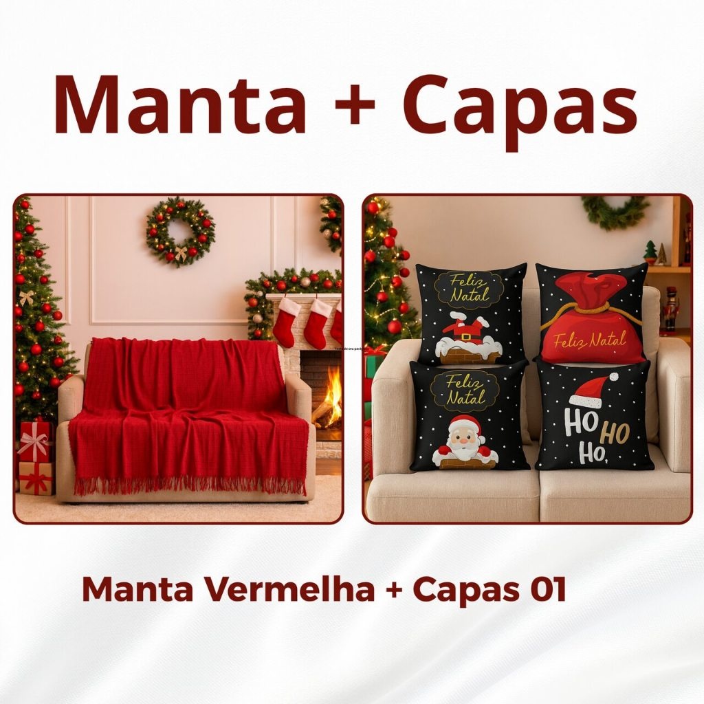 Kit Manta P + 04 Capas de De Almofada Digital Natalina Decoração Natal Sala