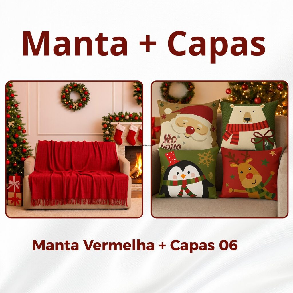 Kit Manta P + 04 Capas de De Almofada Digital Natalina Decoração Natal Sala