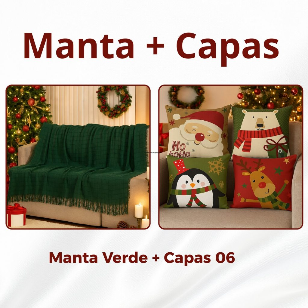 Kit Manta P + 04 Capas de De Almofada Digital Natalina Decoração Natal Sala