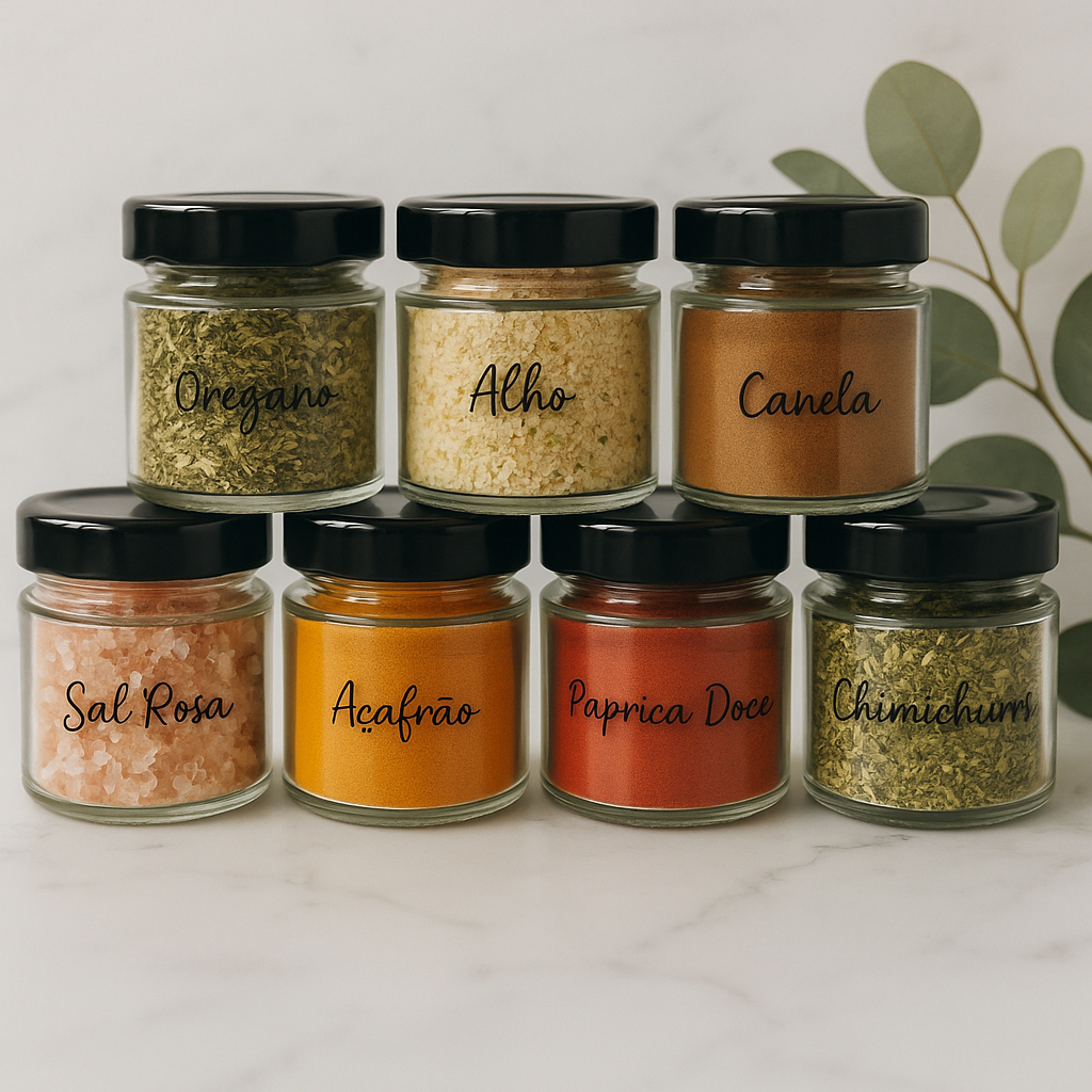 Kit 10 Porta Temperos Condimentos c/ 32 Adesivos de Temperos Potes de Vidro Organizador