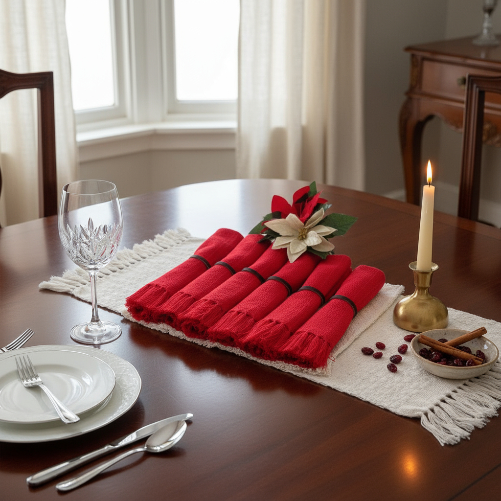 Kit Jogo americano 6 lugares com franja, algodão. Decoração Natal mesa posta.Tear mineiro Boho Chic.