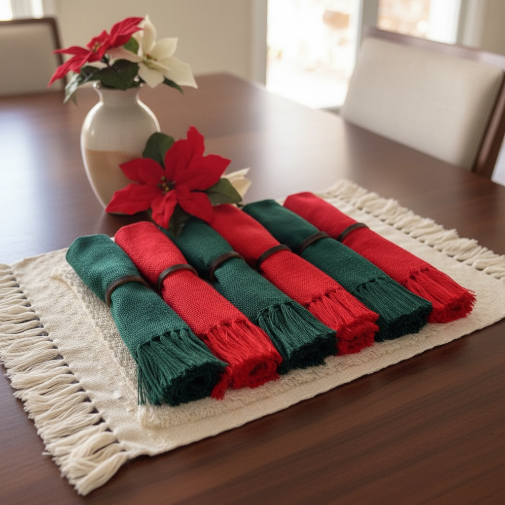 Kit Jogo americano 6 lugares com franja, algodão. Decoração Natal mesa posta.Tear mineiro Boho Chic.