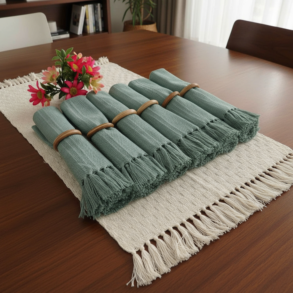 Kit Jogo americano 6 lugares com franja, algodão. Decoração Natal mesa posta.Tear mineiro Boho Chic.