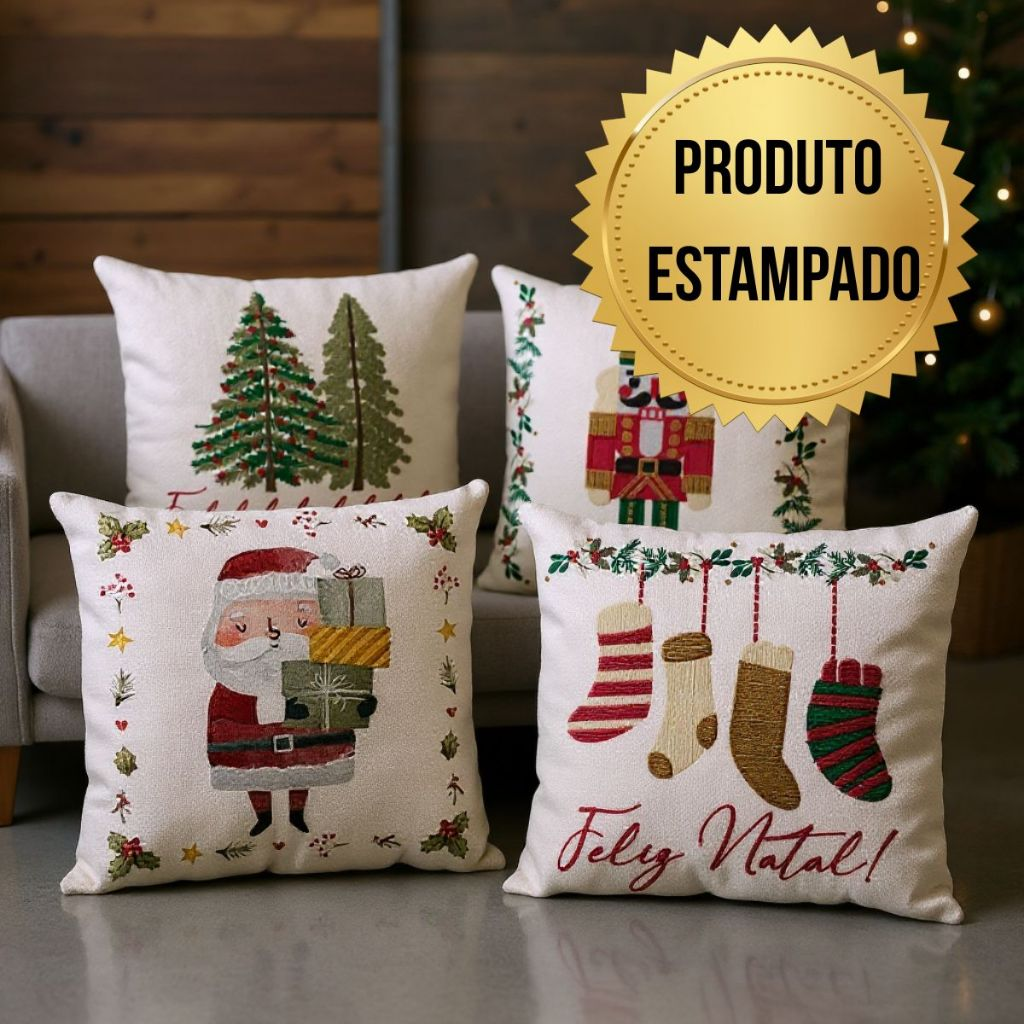 Capa de Almofada Natalina Decoração de Natal Festa Enfeite Papai Noel Renas Boneco de Neve Linho Estampado 43x43cm
