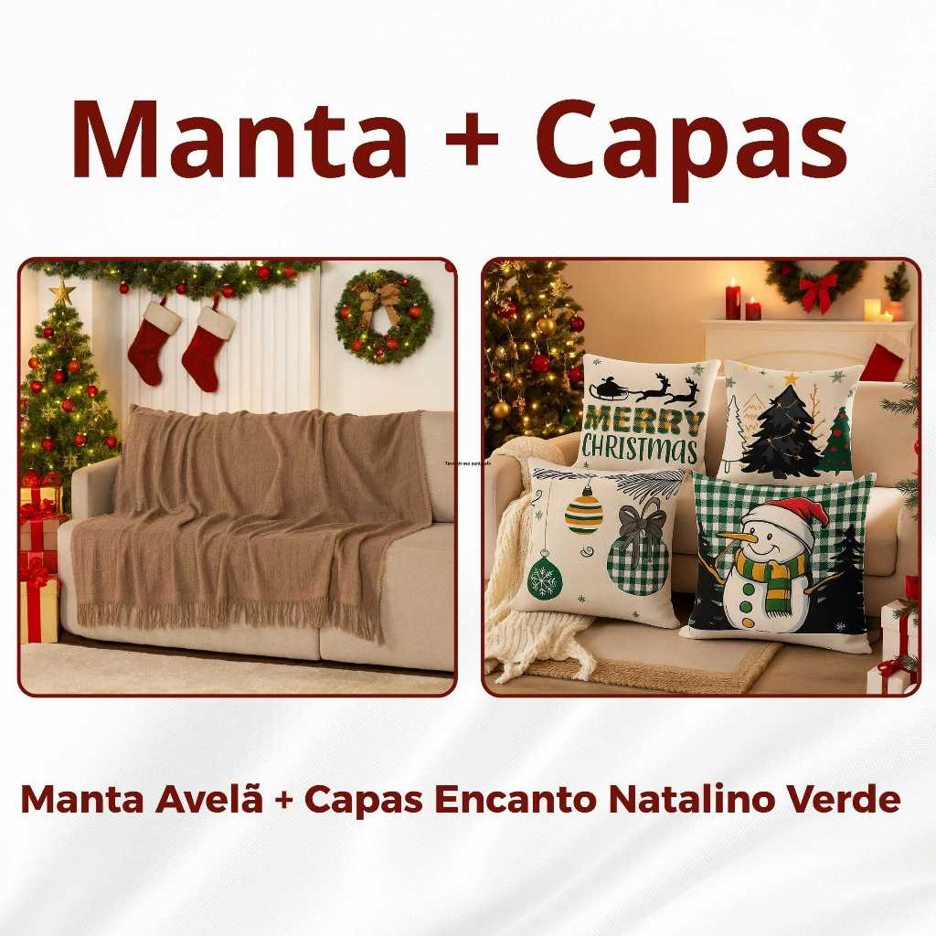 Kit Manta P + 04 Capas de De Almofada Digital Natalina Decoração Natal Sala