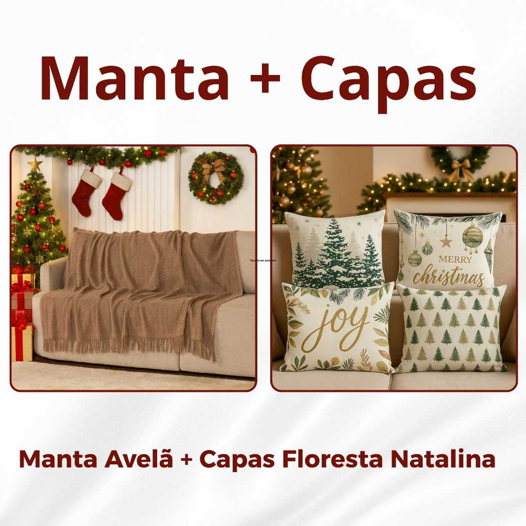 Kit Manta P + 04 Capas de De Almofada Digital Natalina Decoração Natal Sala