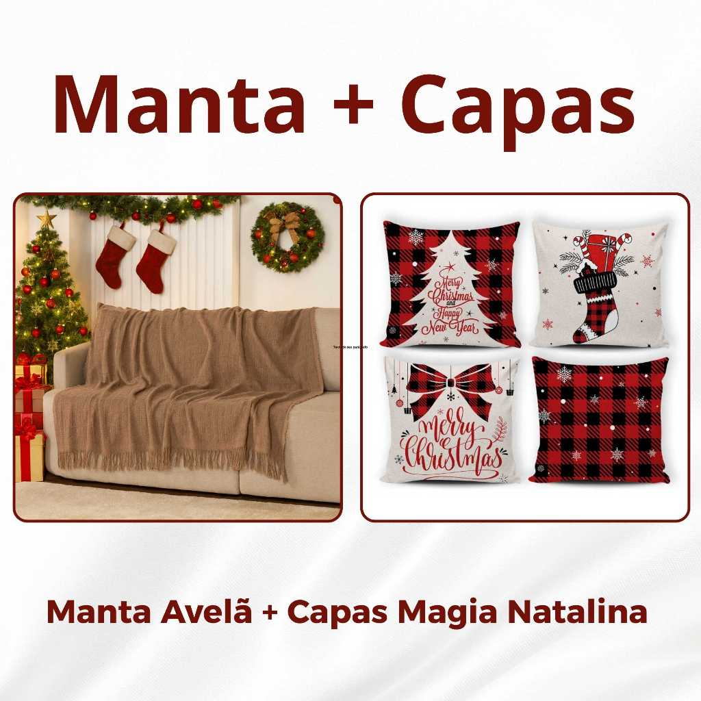 Kit Manta P + 04 Capas de De Almofada Digital Natalina Decoração Natal Sala