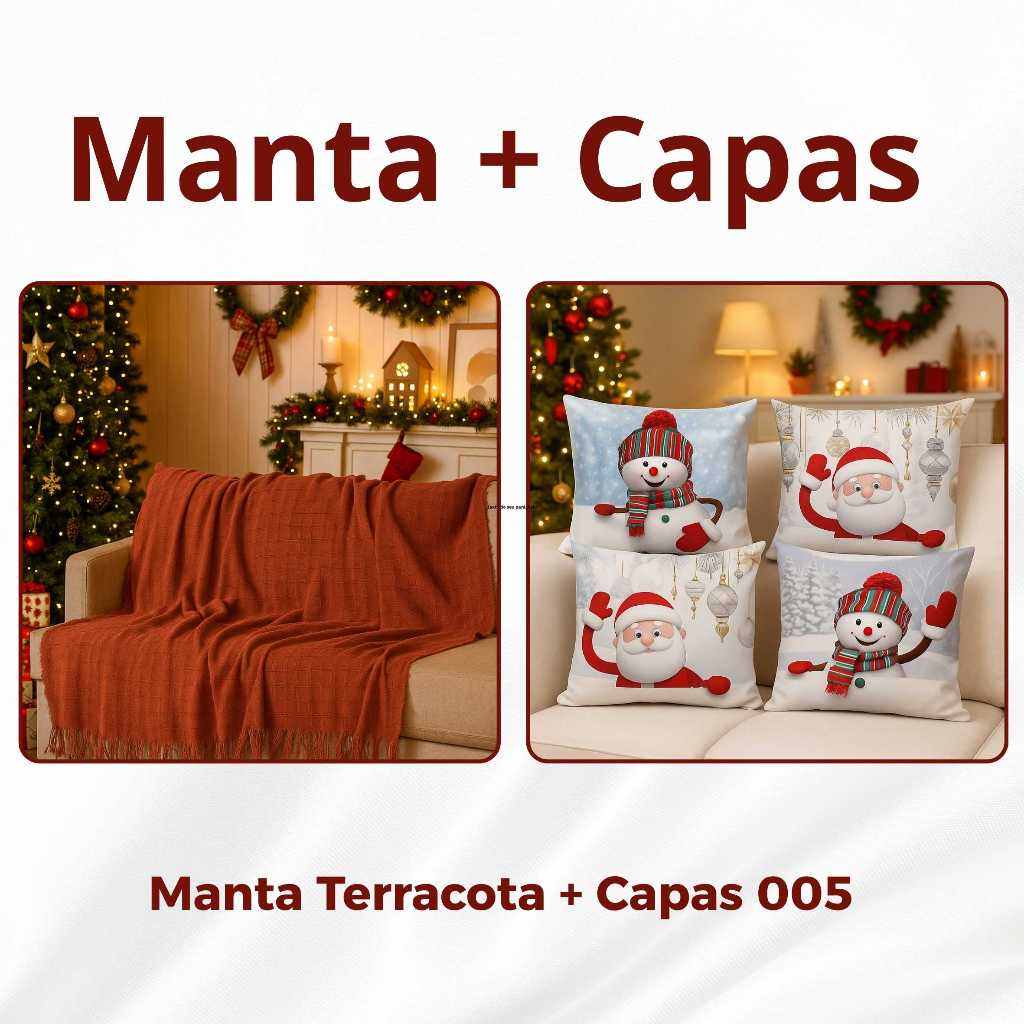 Kit Manta P + 04 Capas de De Almofada Digital Natalina Decoração Natal Sala