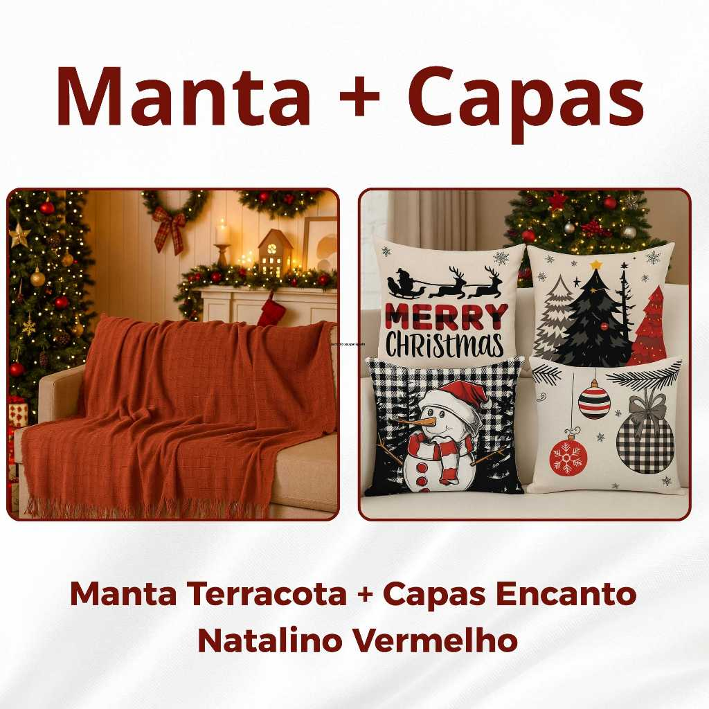 Kit Manta P + 04 Capas de De Almofada Digital Natalina Decoração Natal Sala