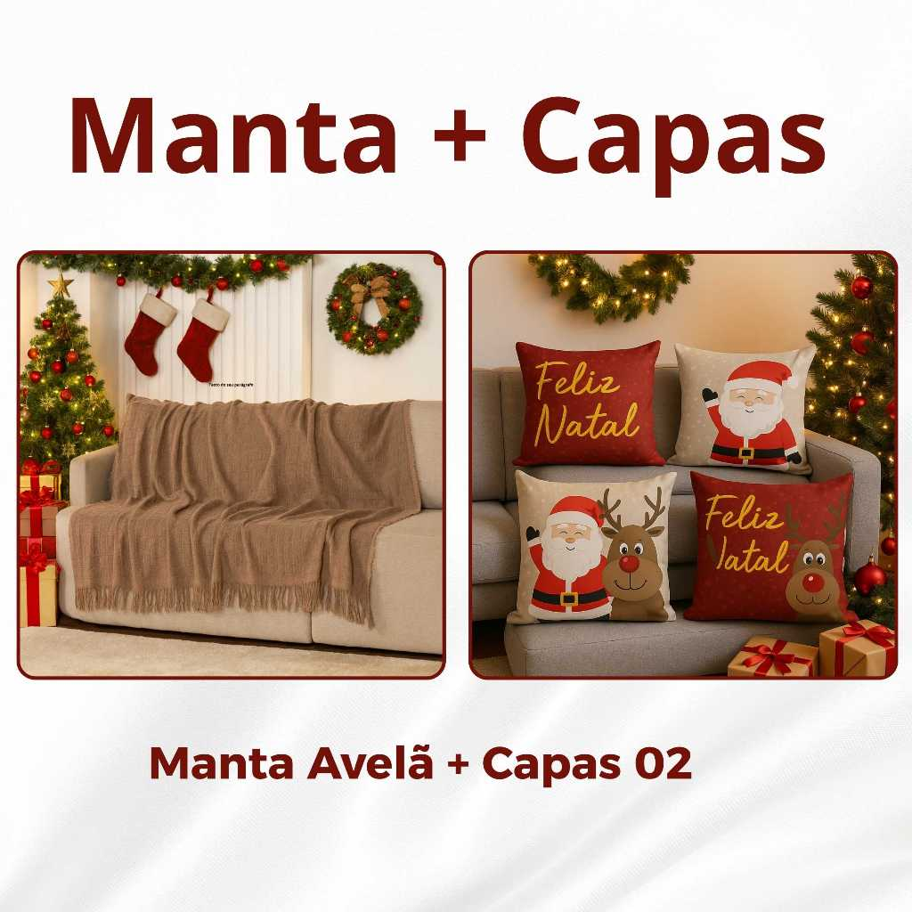 Kit Manta P + 04 Capas de De Almofada Digital Natalina Decoração Natal Sala