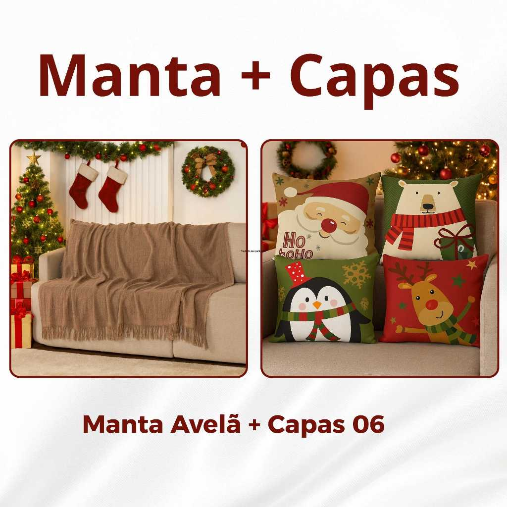 Kit Manta P + 04 Capas de De Almofada Digital Natalina Decoração Natal Sala