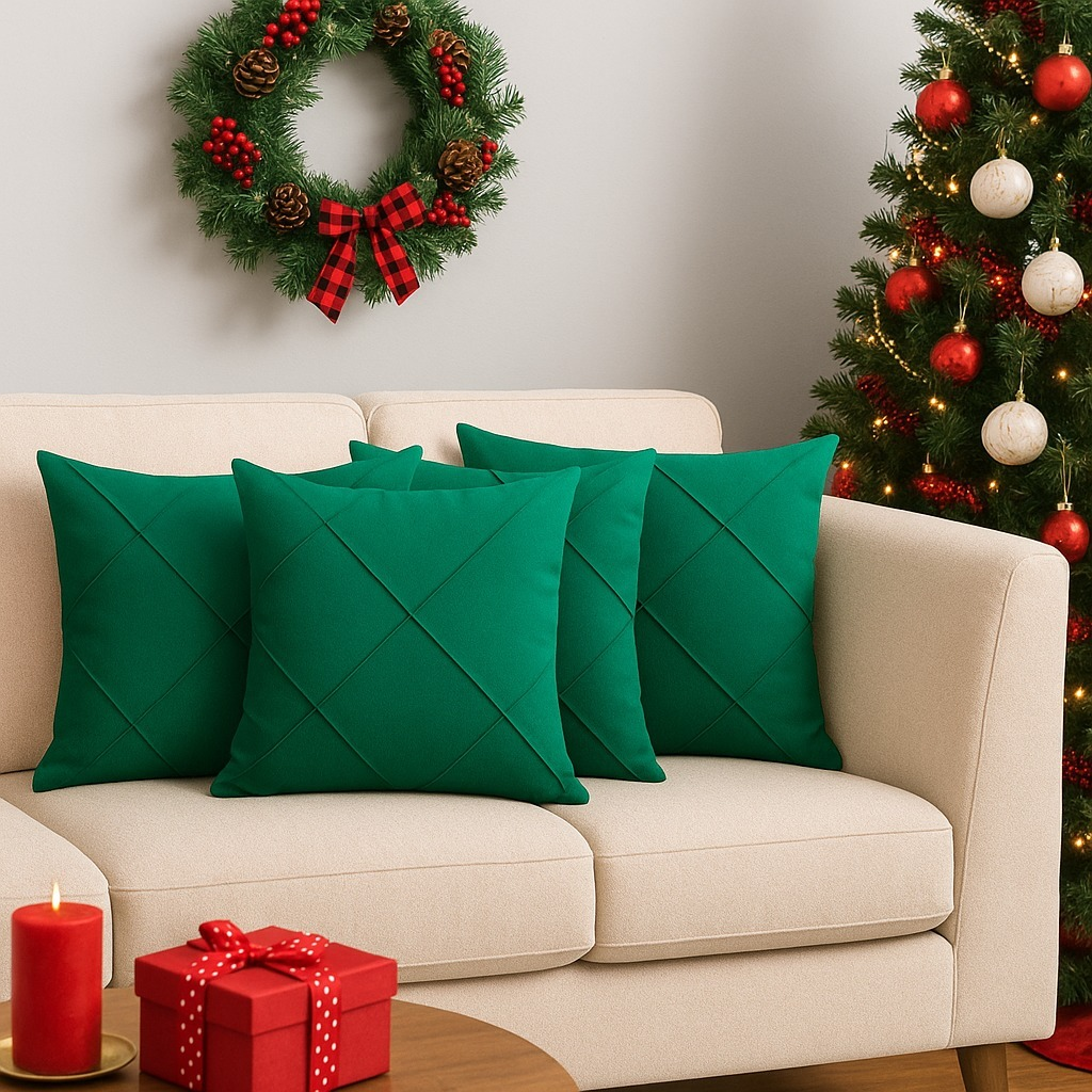 Kit 4 Capas de Almofada Natal Suede Drapeada 45x45cm Decoração Natalina